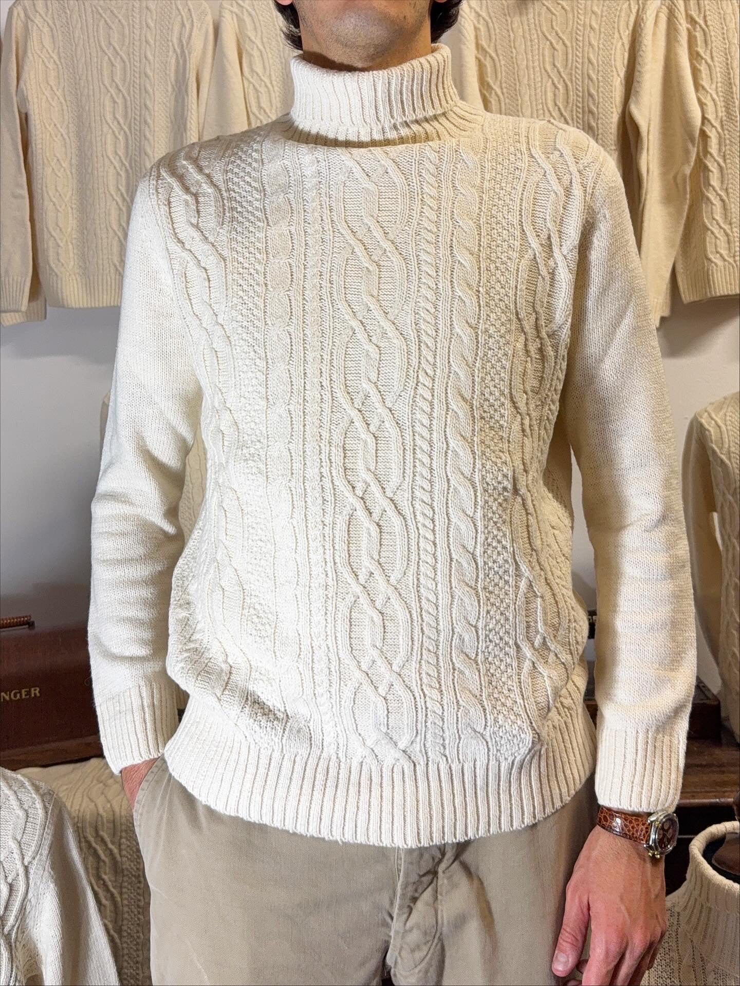 Classic Aran Turtleneck Sweater in Cream Wool