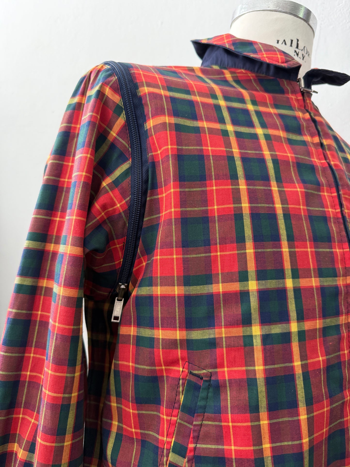 Blue Bomber Jacket With Tartan Lining, Reversible and Convertible Into a Vest “S”