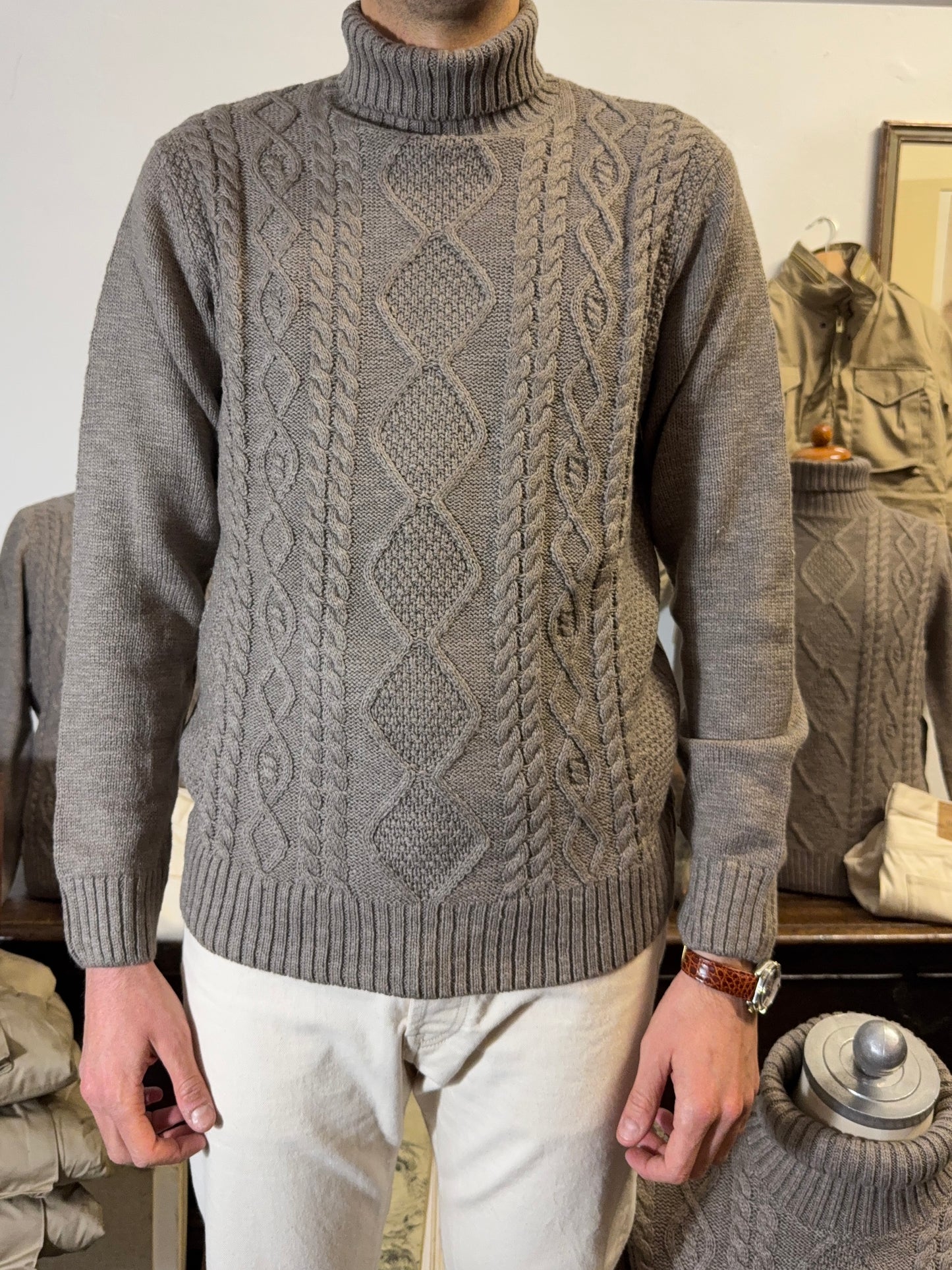 Classic Aran Turtleneck Sweater in Taupe