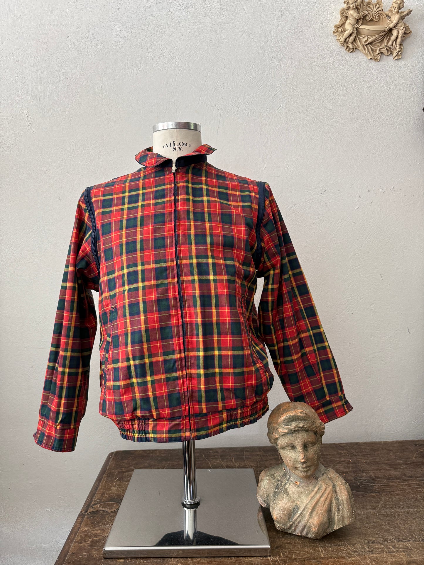 Blue Bomber Jacket With Tartan Lining, Reversible and Convertible Into a Vest “S”