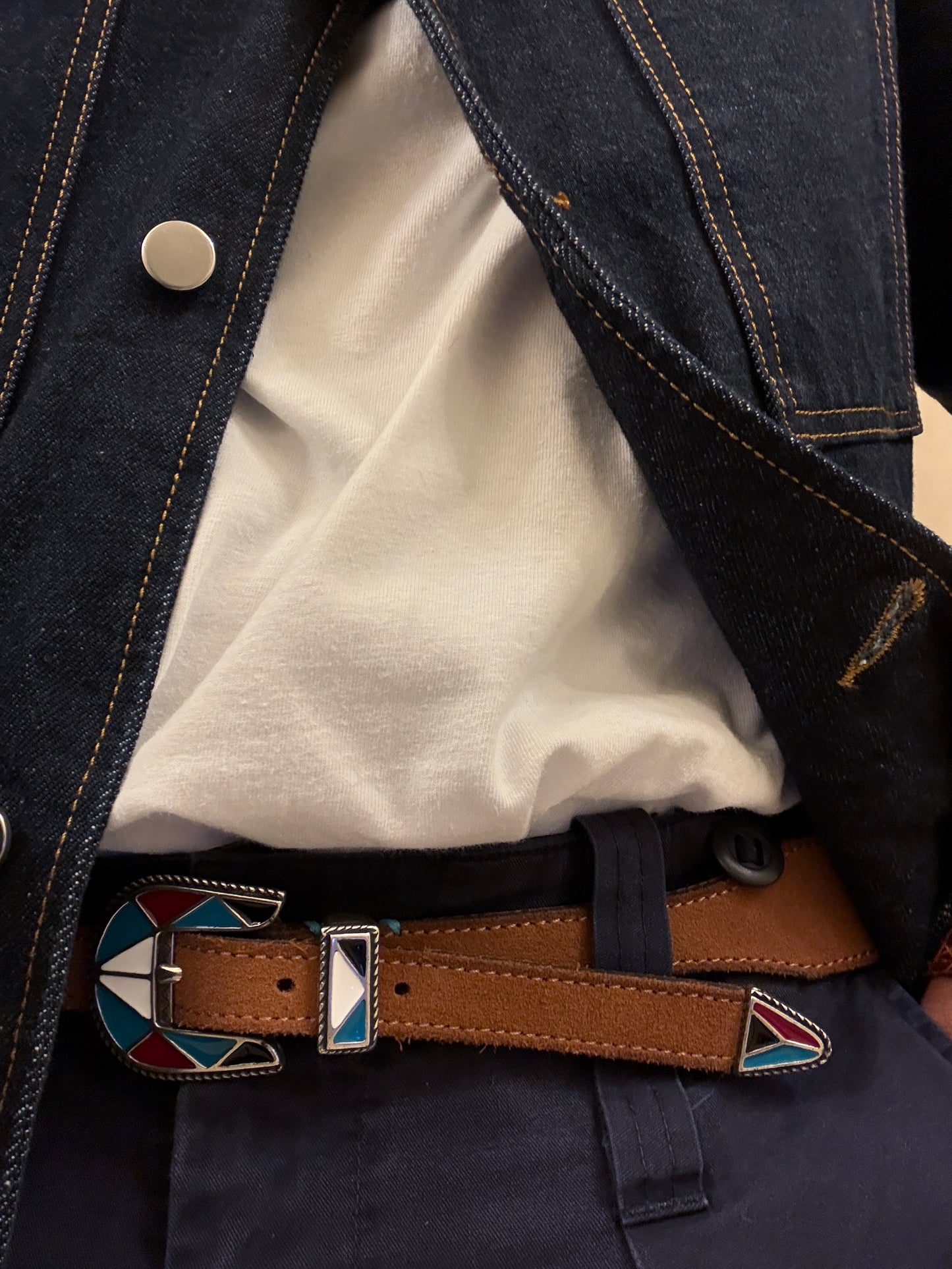 Western Buckle Belts with Geometric Enamel Design