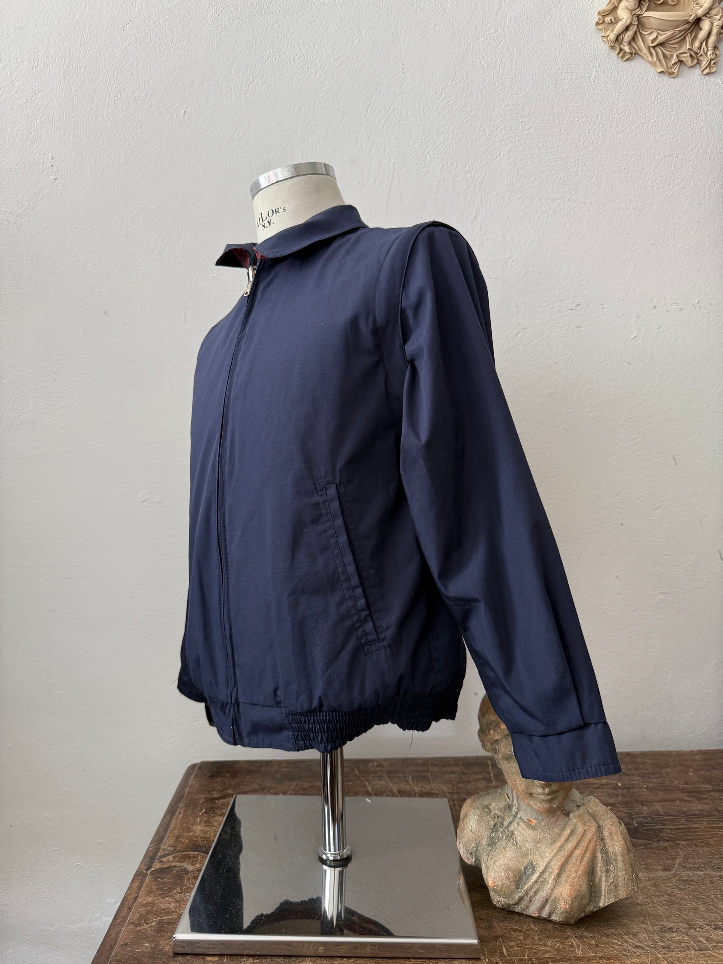 Blue Bomber Jacket With Tartan Lining, Reversible and Convertible Into a Vest “S”