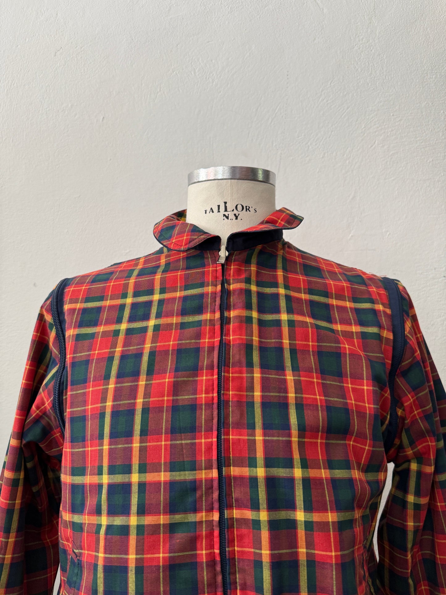 Blue Bomber Jacket With Tartan Lining, Reversible and Convertible Into a Vest “S”