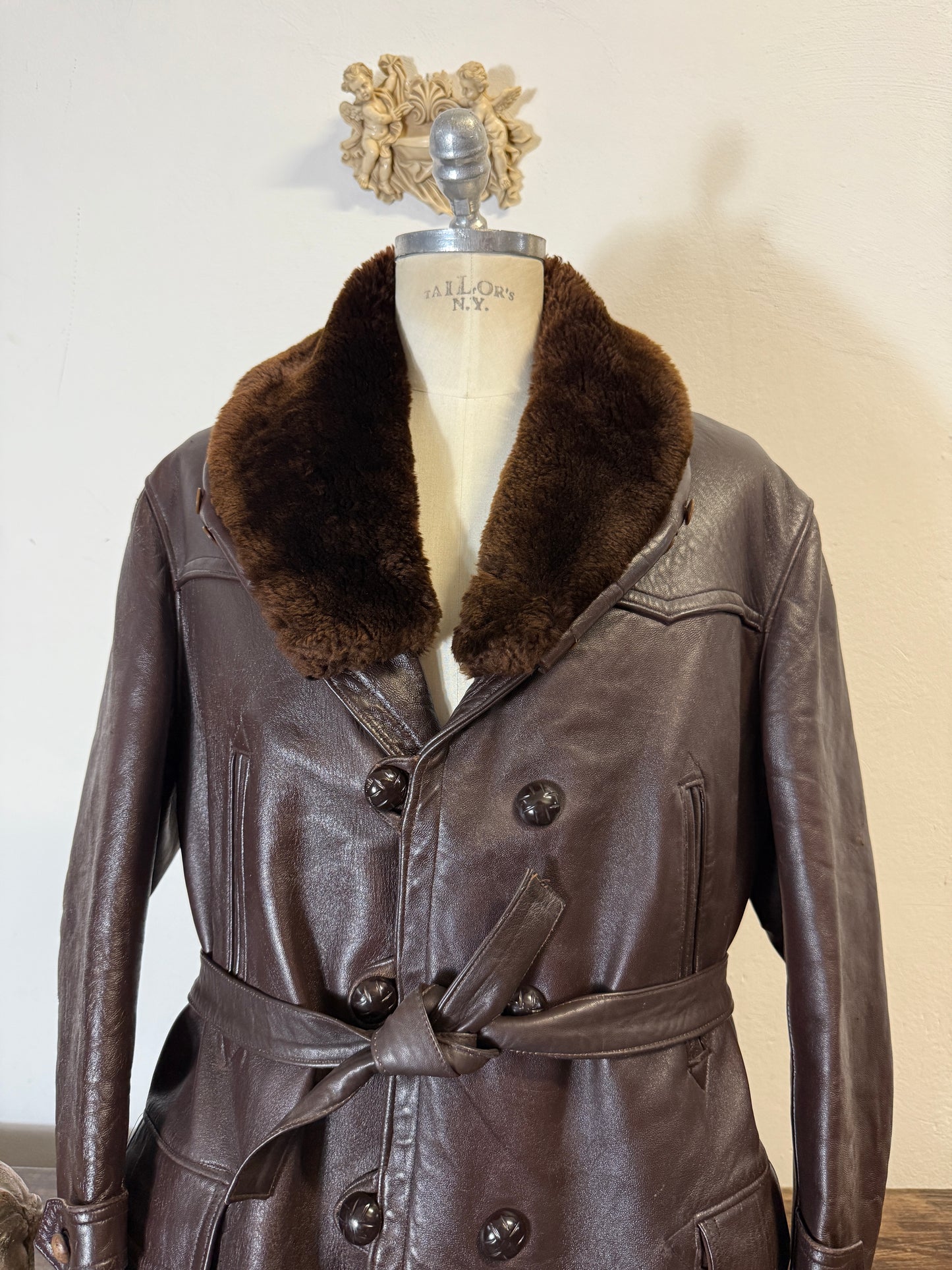 Vintage Leather Aviator Coat with Fur Collar “L”
