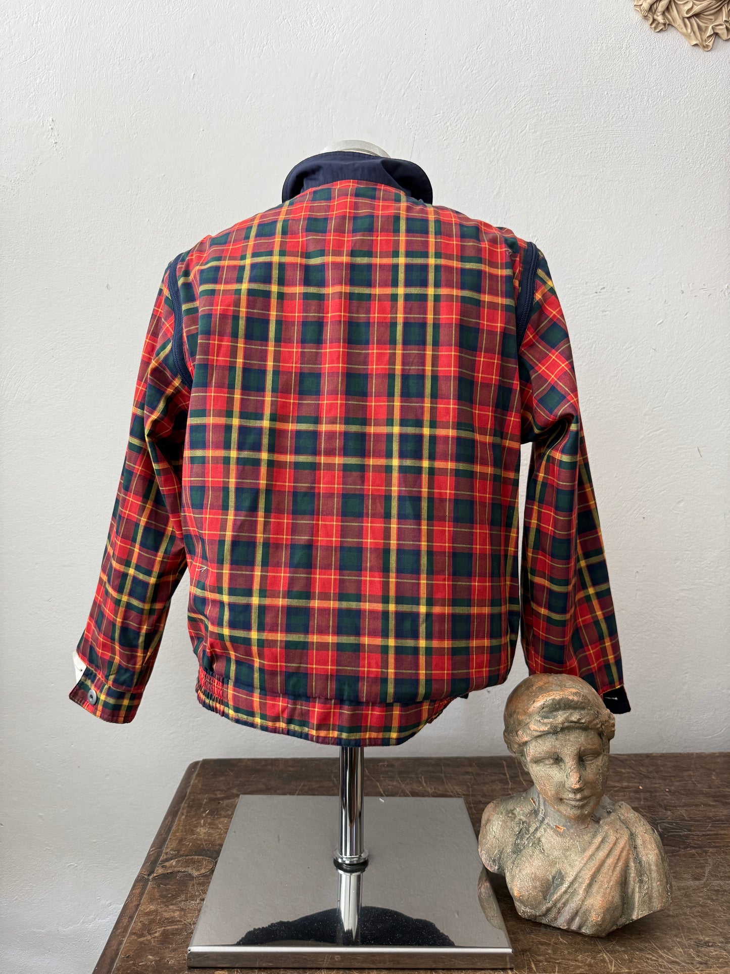 Blue Bomber Jacket With Tartan Lining, Reversible and Convertible Into a Vest “S”