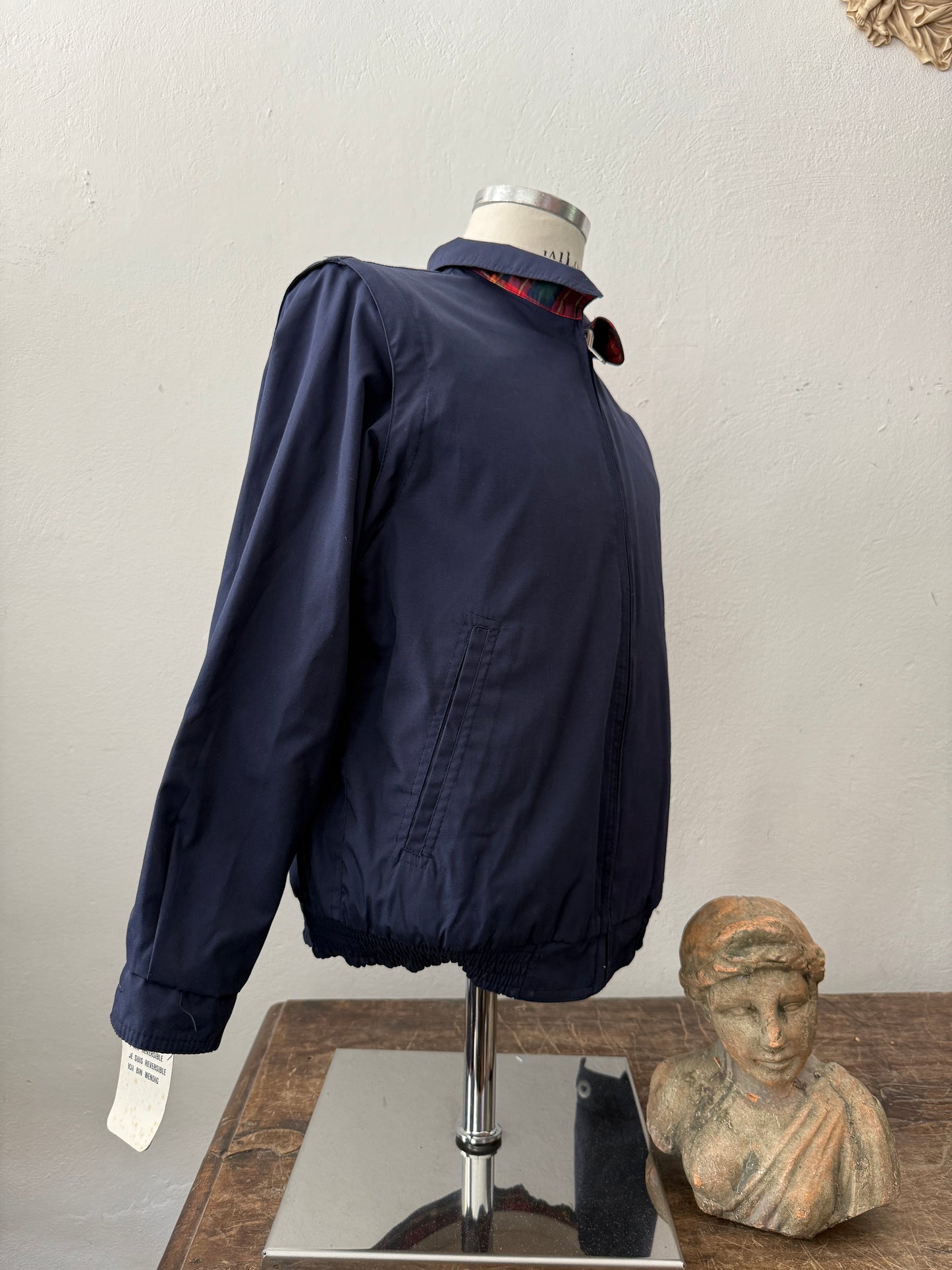 Blue Bomber Jacket With Tartan Lining, Reversible and Convertible Into a Vest “S”