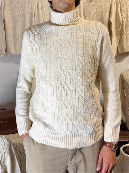 Classic Aran Turtleneck Sweater in Cream Wool