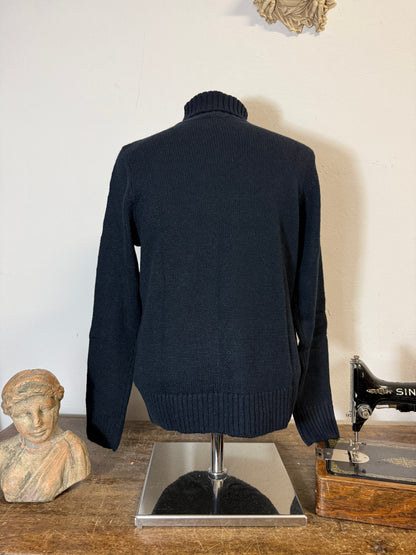 Classic Aran Turtleneck Sweater in Blue Wool