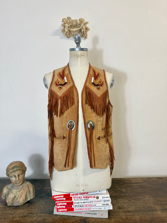 Western Suede Fringe Vest with Beaded Embroidery and Conchos Made in Mexico “S”