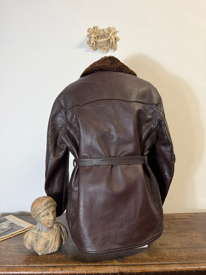 Vintage Leather Aviator Coat with Fur Collar “L”