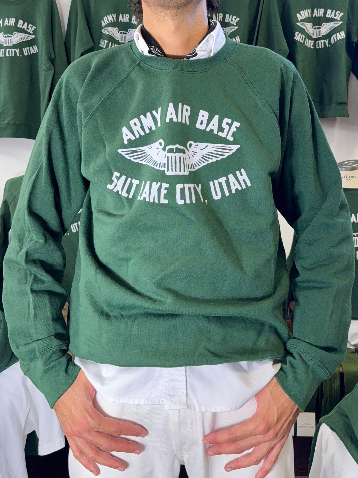 Army Air Base Salt Lake City Utah Raglan Sweatshirt Green - Mister Archive®