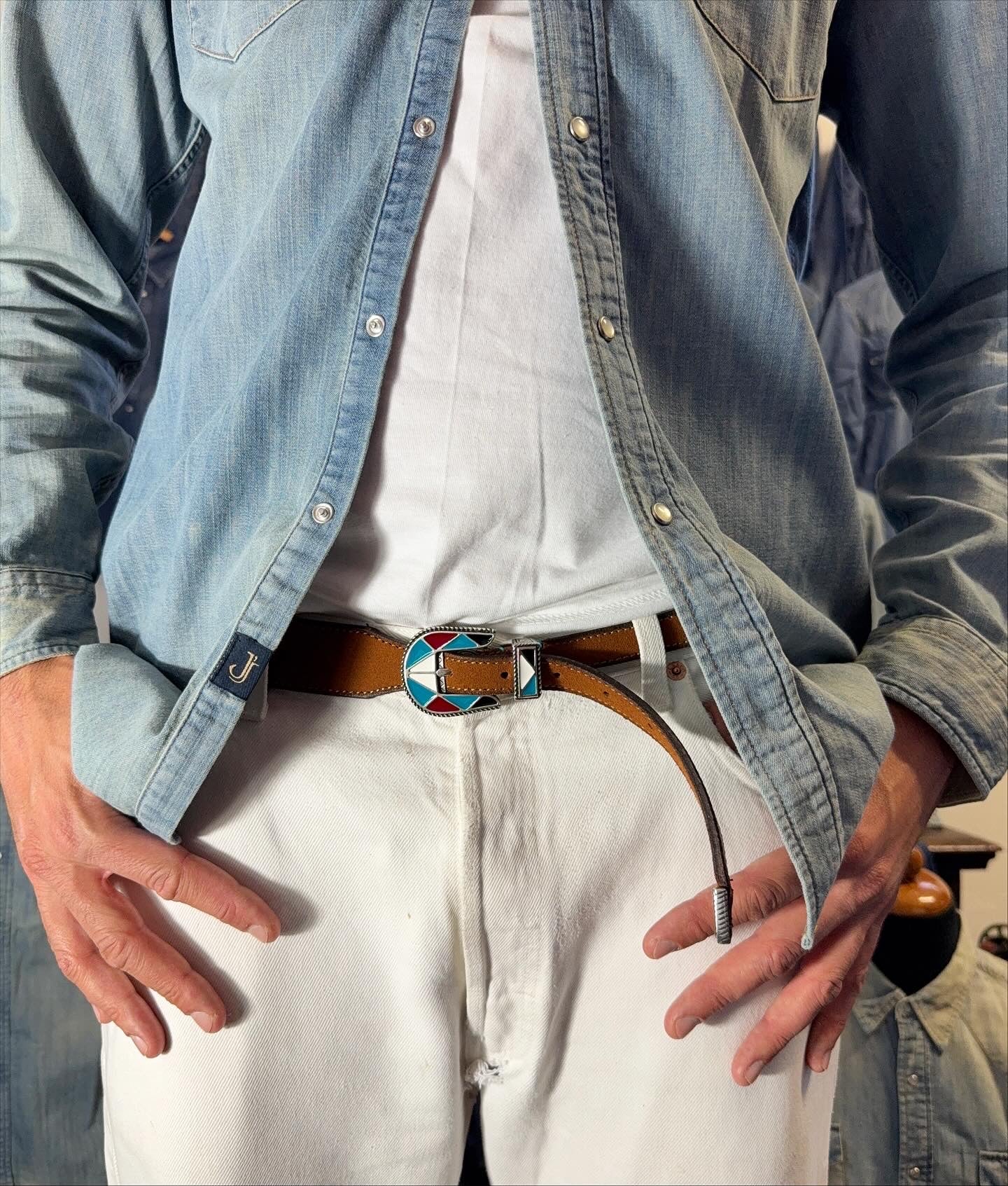 Western Buckle Belts with Geometric Enamel Design