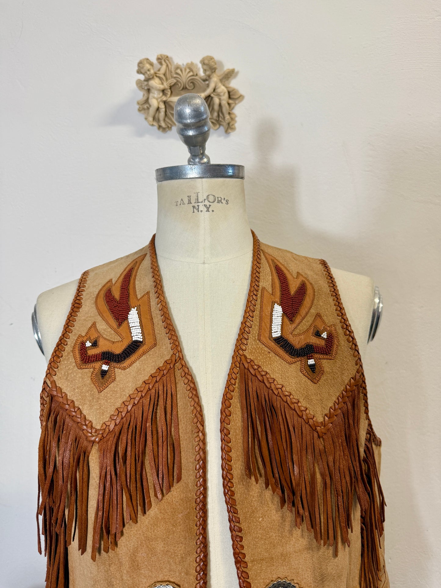 Western Suede Fringe Vest with Beaded Embroidery and Conchos Made in Mexico “S”