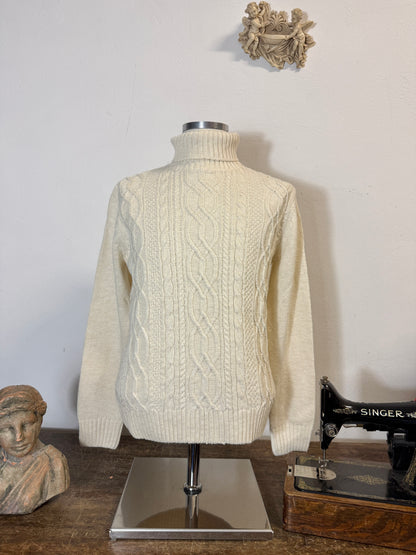 Classic Aran Turtleneck Sweater in Cream Wool