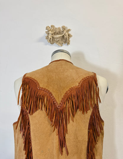 Western Suede Fringe Vest with Beaded Embroidery and Conchos Made in Mexico “S”