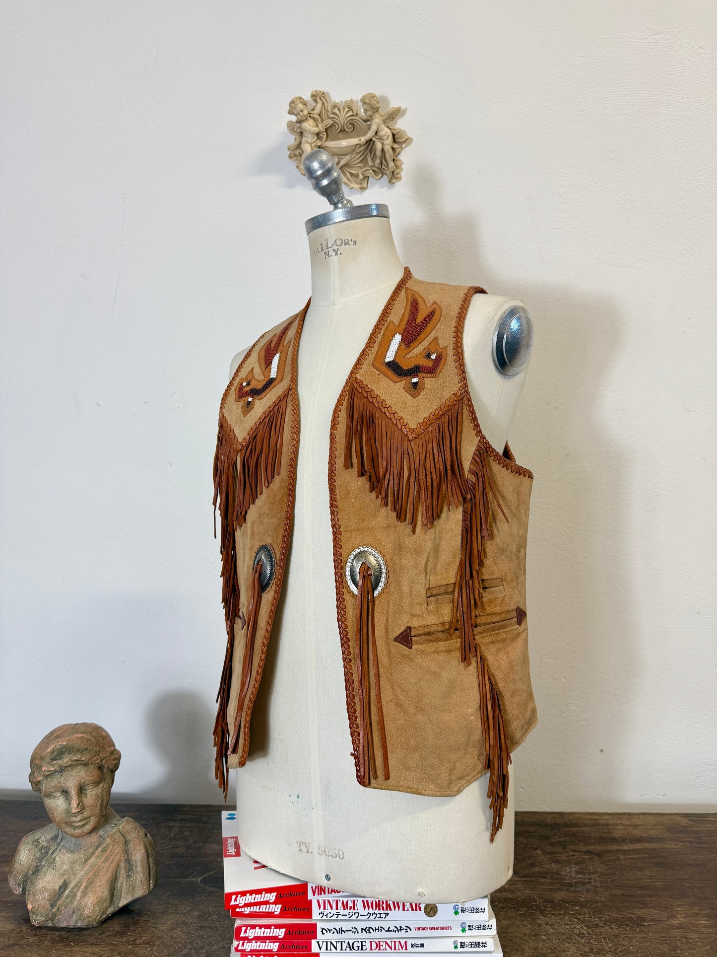 Western Suede Fringe Vest with Beaded Embroidery and Conchos Made in Mexico “S”