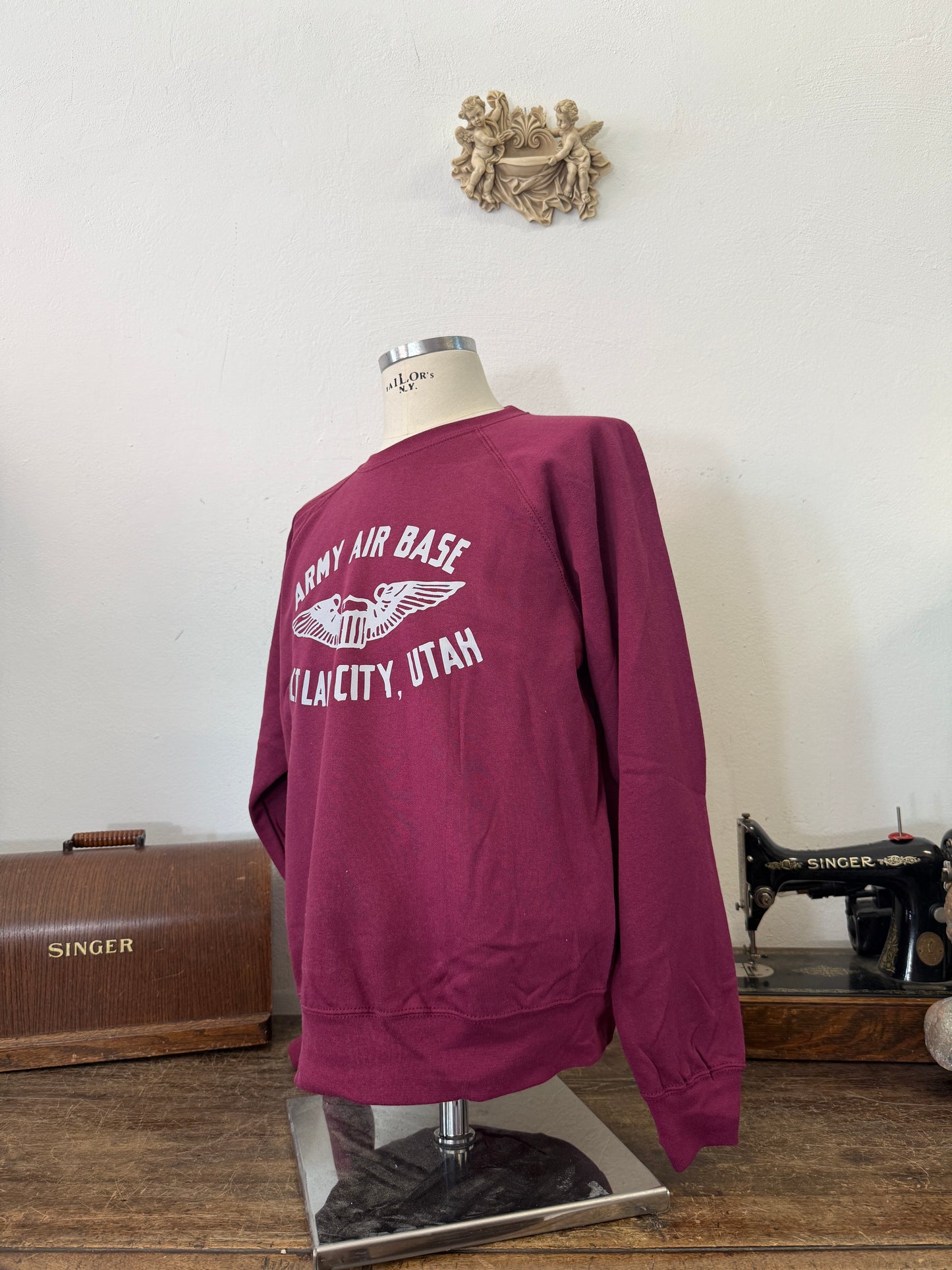 Army Air Base Salt Lake City Utah Raglan Sweatshirt Burgundy - Mister Archive®