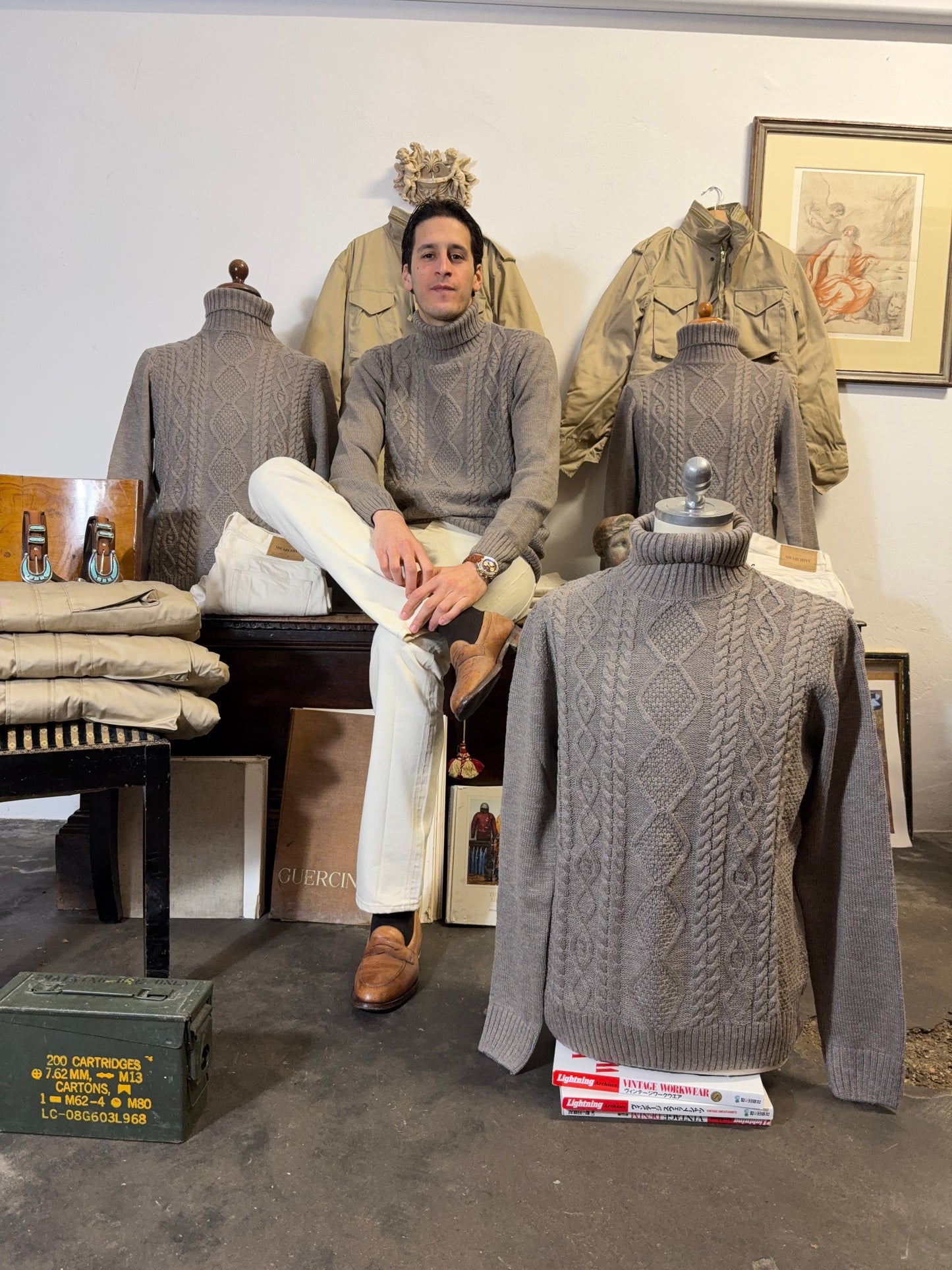 Classic Aran Turtleneck Sweater in Taupe
