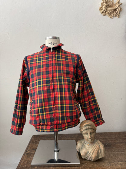 Blue Bomber Jacket With Tartan Lining, Reversible and Convertible Into a Vest “S”