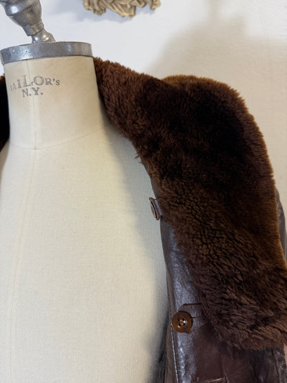 Vintage Leather Aviator Coat with Fur Collar “L”