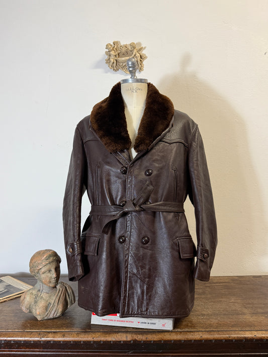 Vintage Leather Aviator Coat with Fur Collar “L”