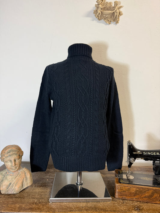 Classic Aran Turtleneck Sweater in Blue Wool