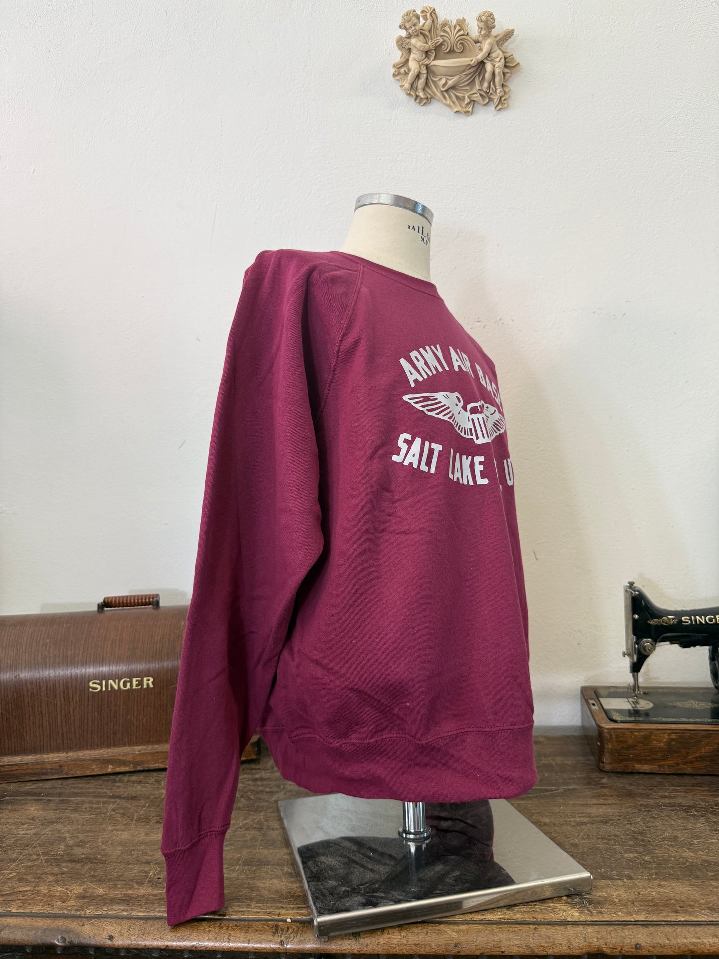 Army Air Base Salt Lake City Utah Raglan Sweatshirt Burgundy - Mister Archive®