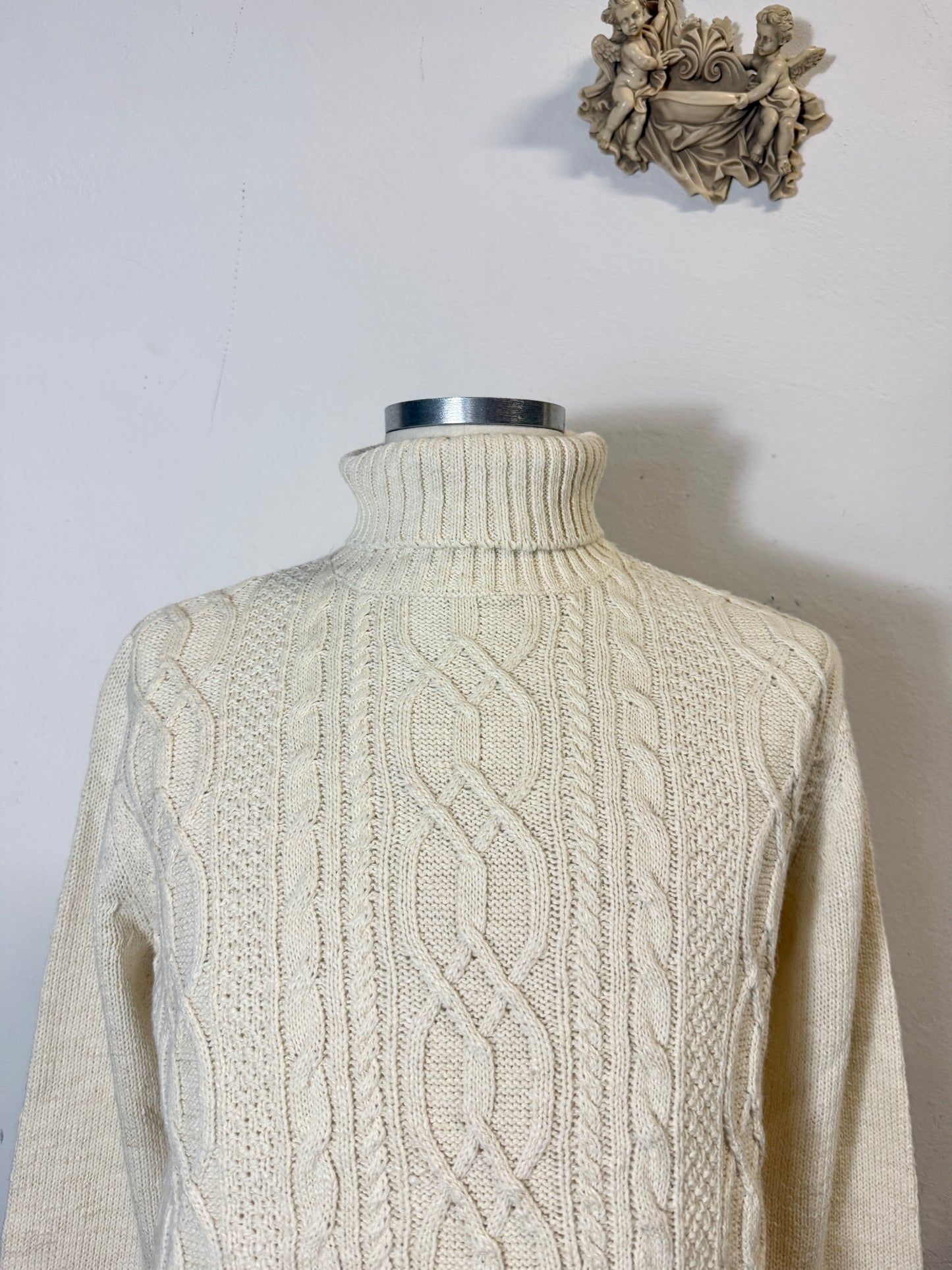 Classic Aran Turtleneck Sweater in Cream Wool
