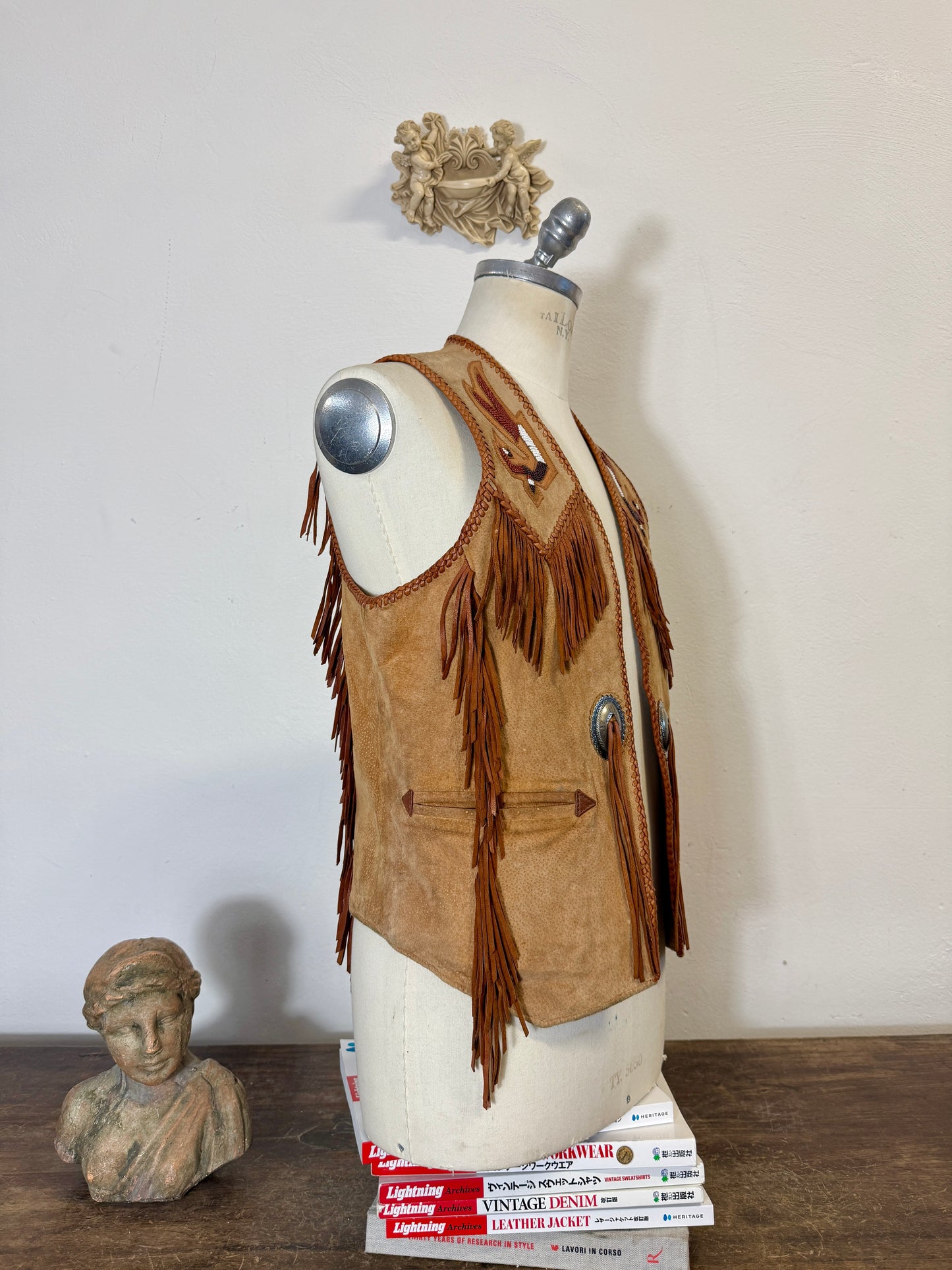 Western Suede Fringe Vest with Beaded Embroidery and Conchos Made in Mexico “S”