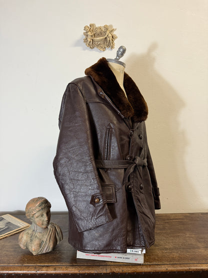 Vintage Leather Aviator Coat with Fur Collar “L”