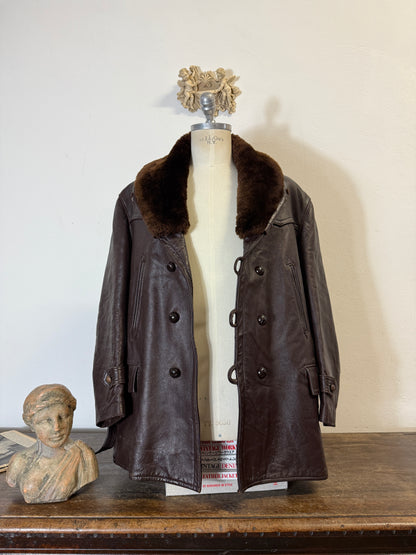 Vintage Leather Aviator Coat with Fur Collar “L”