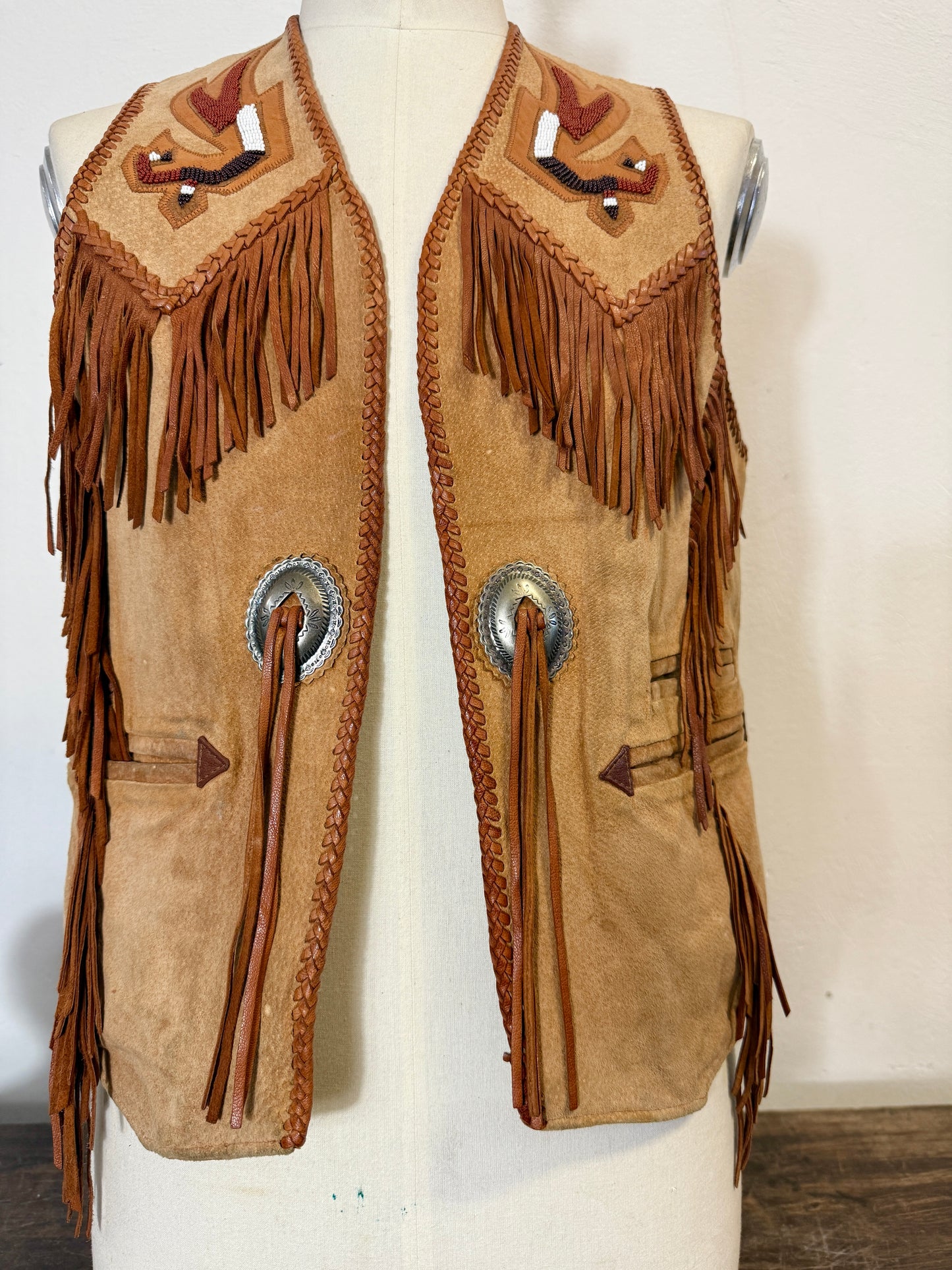 Western Suede Fringe Vest with Beaded Embroidery and Conchos Made in Mexico “S”