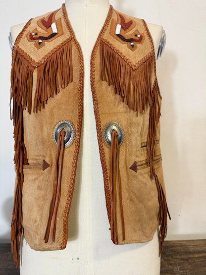 Western Suede Fringe Vest with Beaded Embroidery and Conchos Made in Mexico “S”