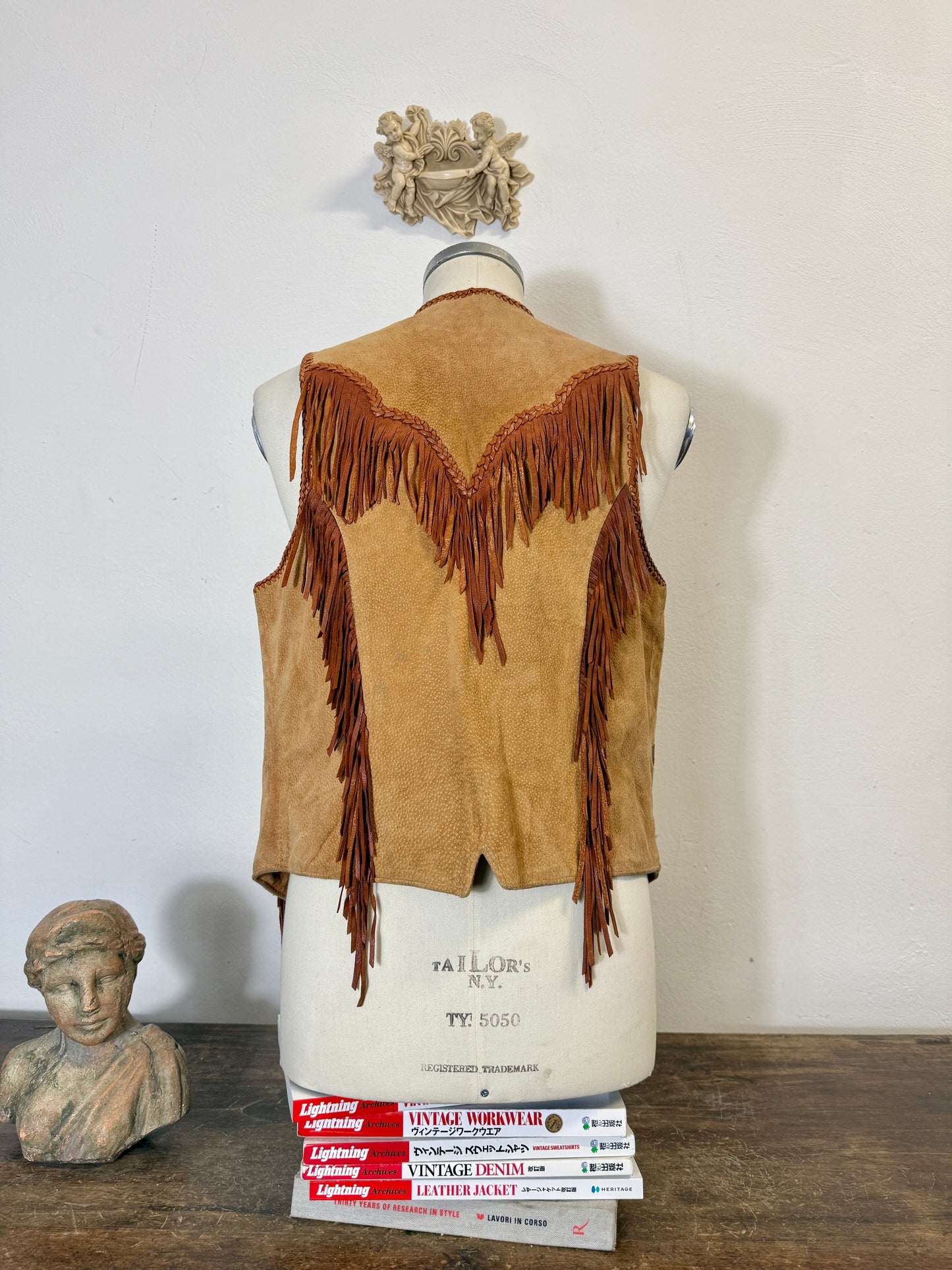 Western Suede Fringe Vest with Beaded Embroidery and Conchos Made in Mexico “S”