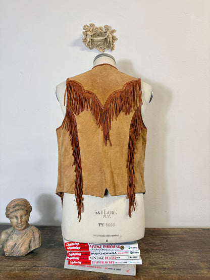 Western Suede Fringe Vest with Beaded Embroidery and Conchos Made in Mexico “S”