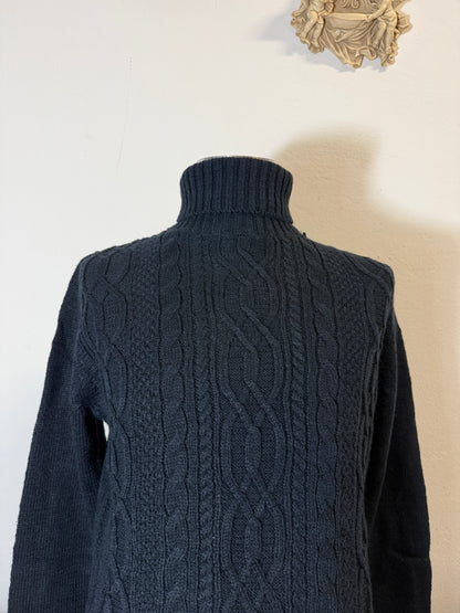Classic Aran Turtleneck Sweater in Blue Wool