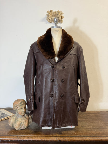 Vintage Leather Aviator Coat with Fur Collar “L”