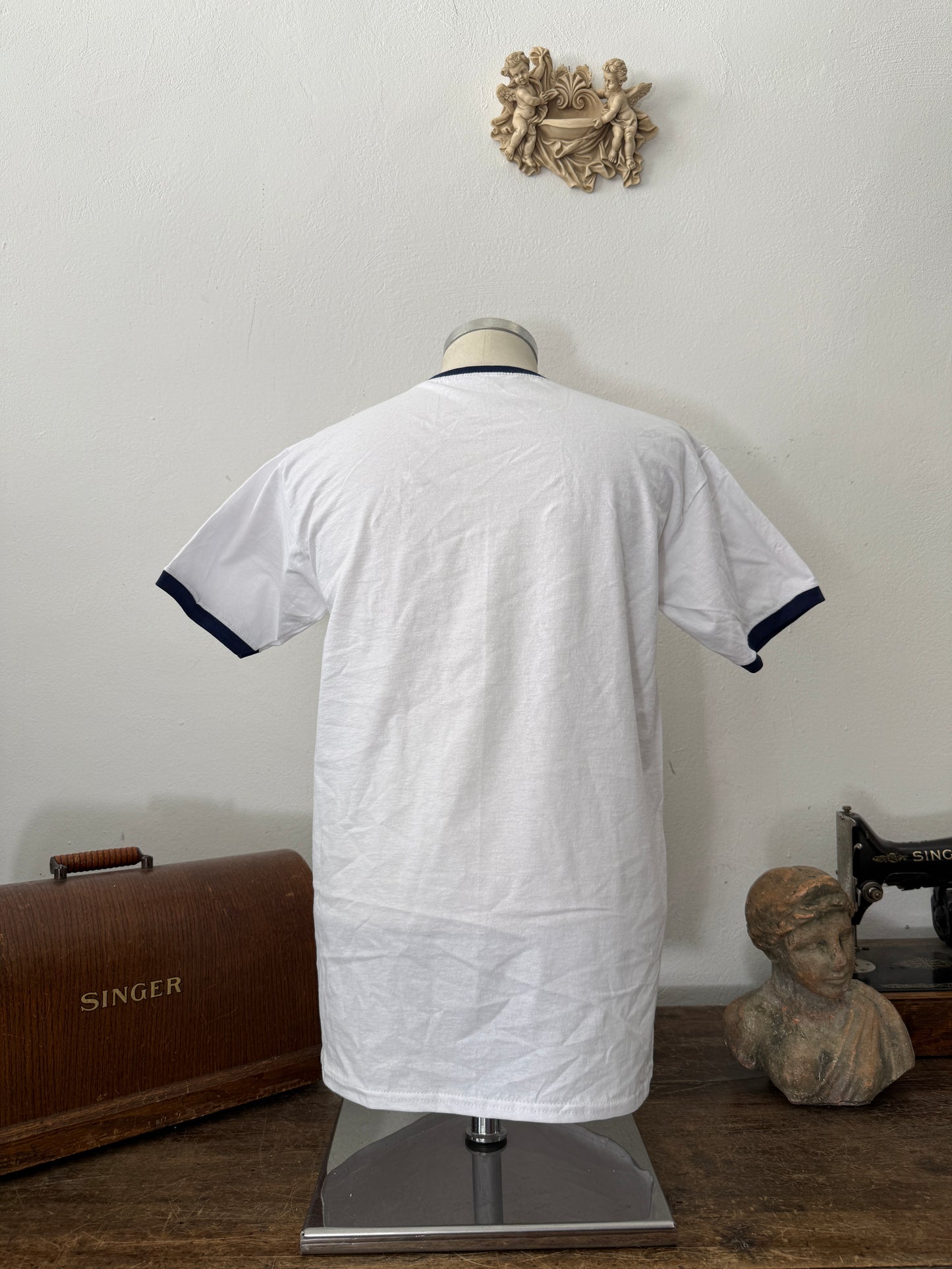 White Ringer Tee with Blue Collar and Cuffs - Mister Archive® “L”