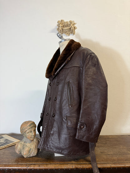 Vintage Leather Aviator Coat with Fur Collar “L”