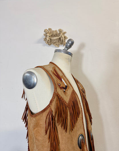 Western Suede Fringe Vest with Beaded Embroidery and Conchos Made in Mexico “S”