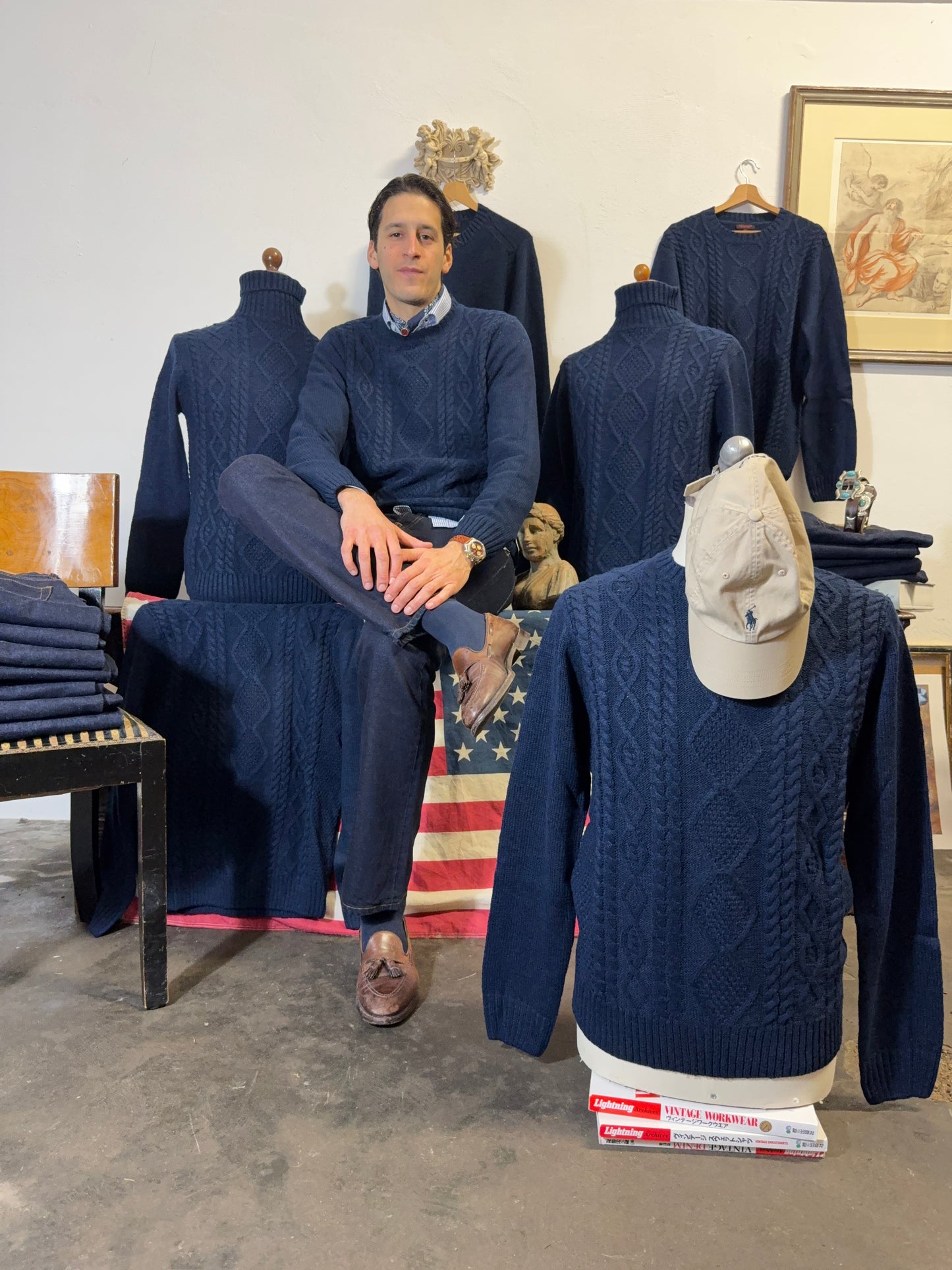 Classic Aran Sweater in Navy Wool