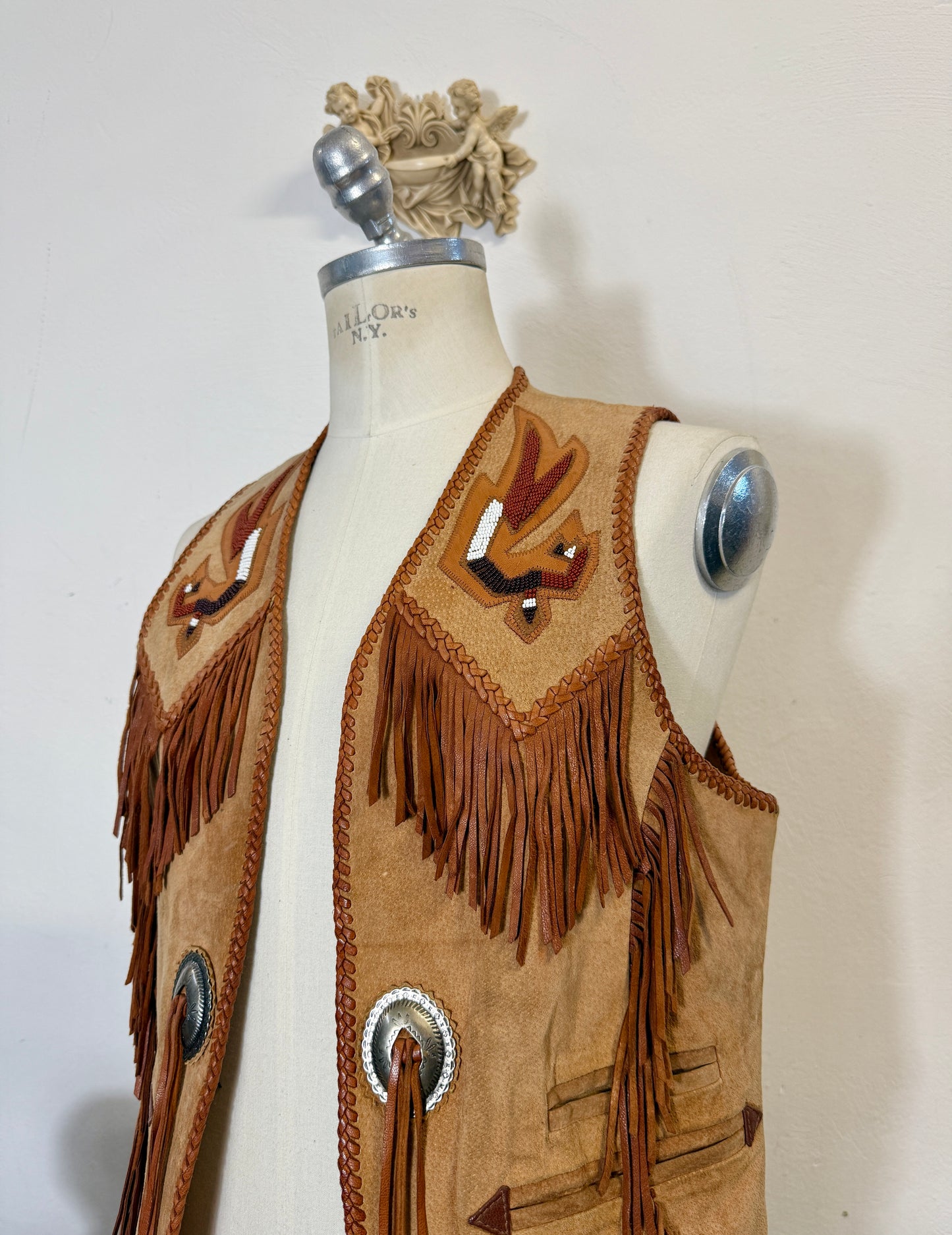 Western Suede Fringe Vest with Beaded Embroidery and Conchos Made in Mexico “S”