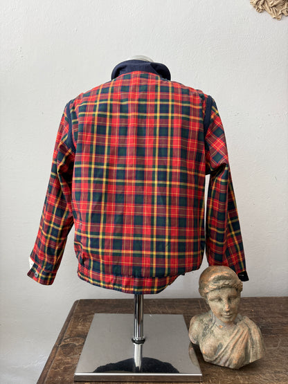 Blue Bomber Jacket With Tartan Lining, Reversible and Convertible Into a Vest “S”