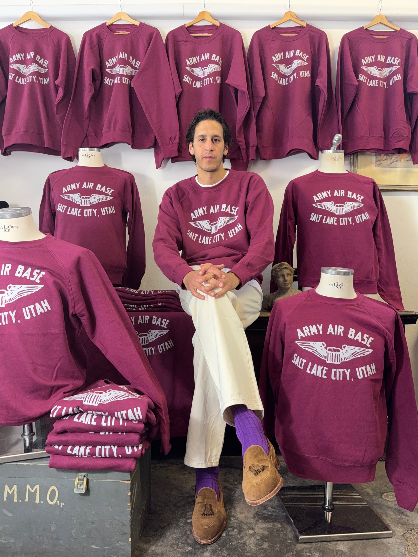 Army Air Base Salt Lake City Utah Raglan Sweatshirt Burgundy - Mister Archive®